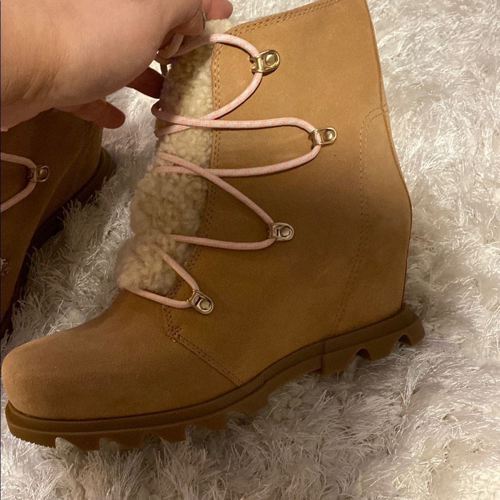 Sorel Tan and Pink Winter Rain Boots with Wedge Heel